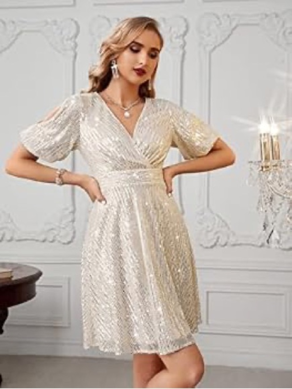 Short Sequin V-Neck Mini Dress in Champagne